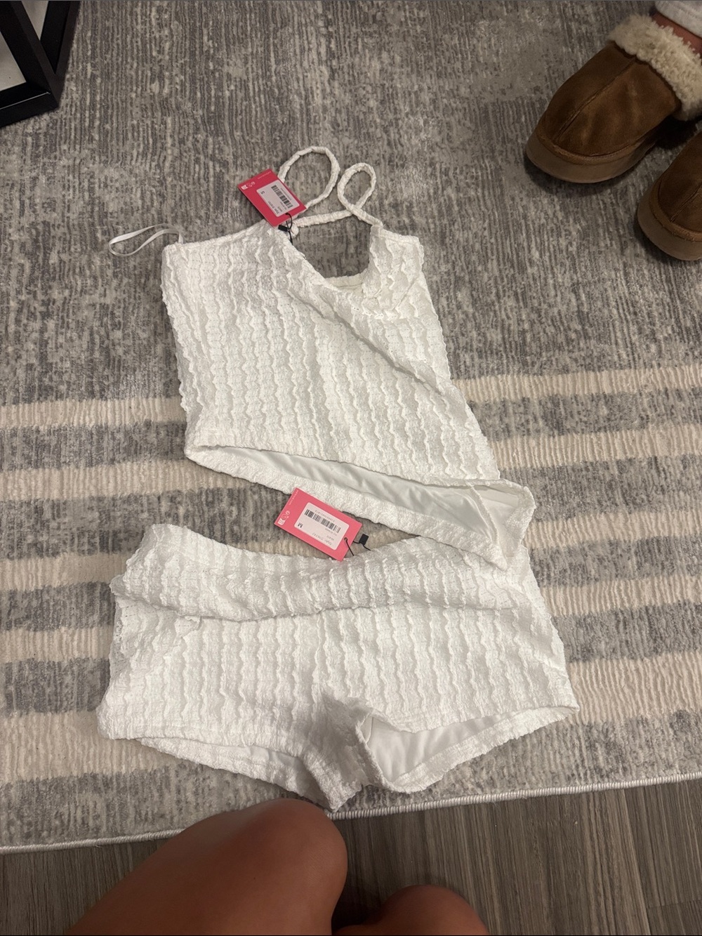 Edikted White Lace-Textured Tank and Shorts. Shorts are medium top is small